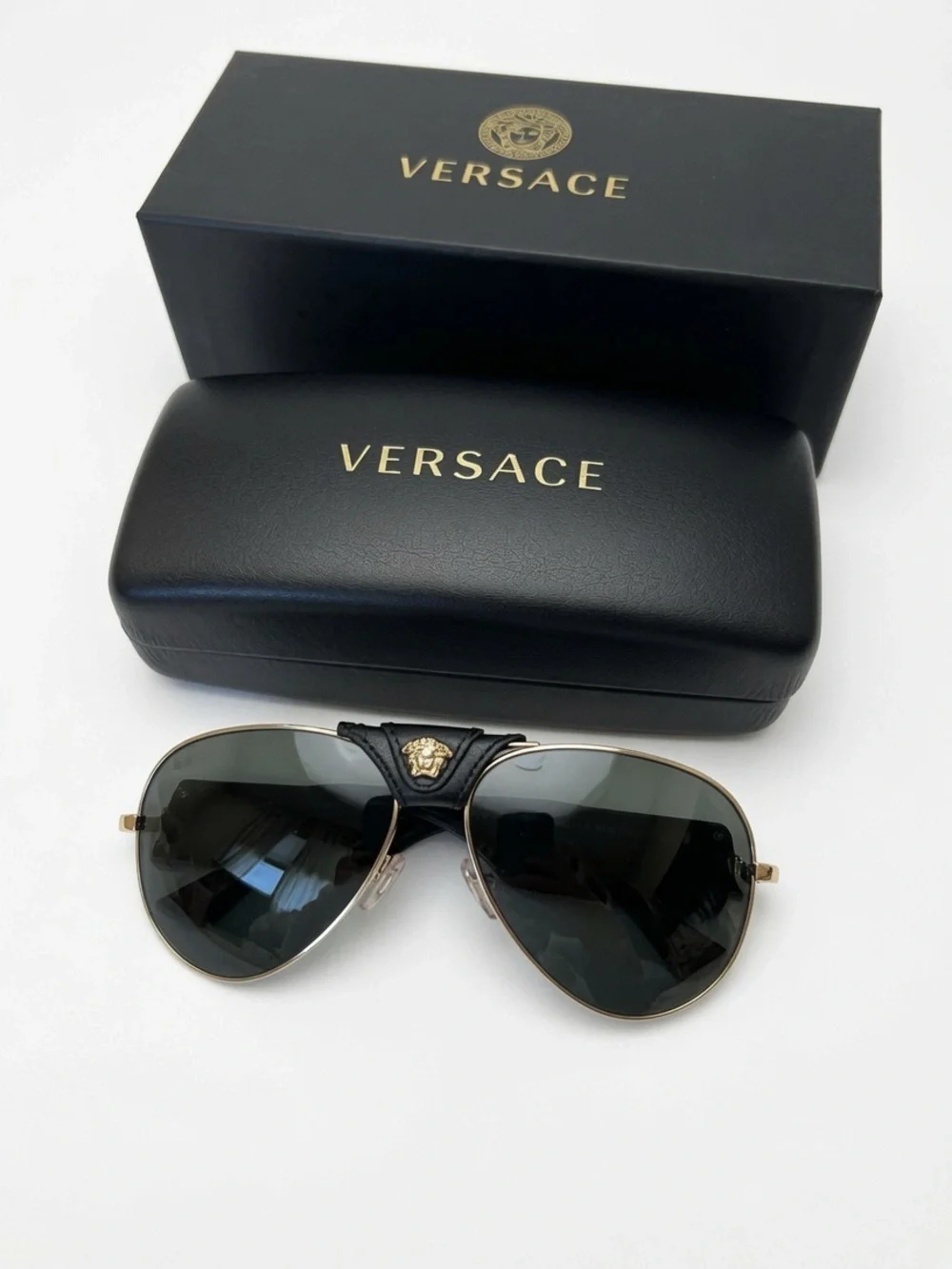 Versace sunglasses VE2150-Q (gold/black aviators with leather Medusa bridge)